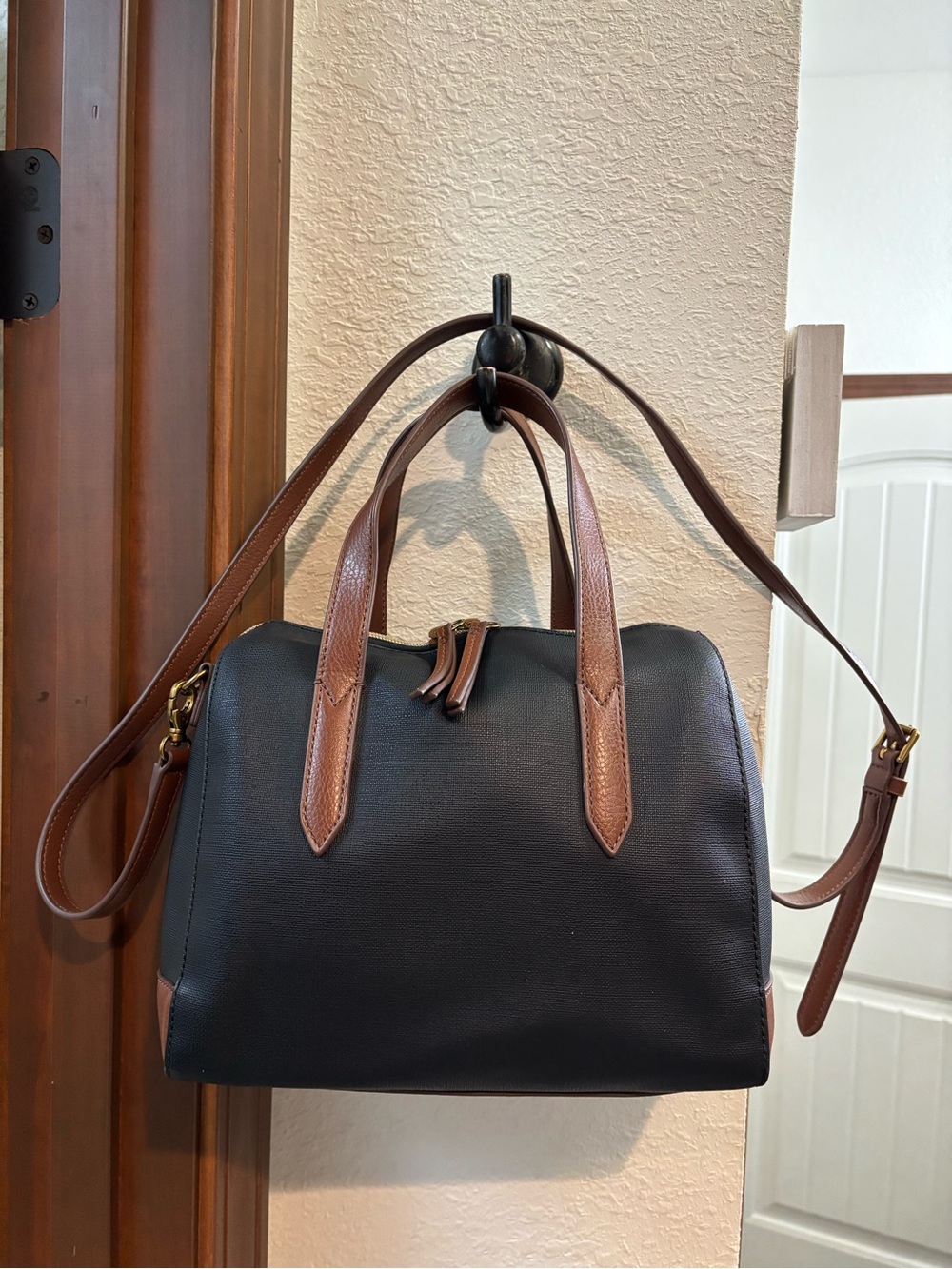 Fossil Black Satchel with Brown Leather Trim